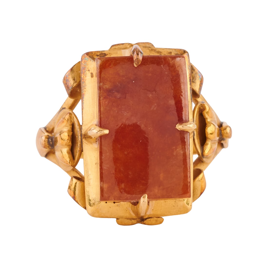 Orange Jade, 18k Yellow Gold Ring: Orange Jade, 18k Yellow Gold Ring. Featuring one rectangular shaped orange jade tablet measuring approximately 14.1 x 8.9 mm, set in an 18k yellow gold mounting. {Size: 6 1/2, Gross Weight: 5.3 dwts}