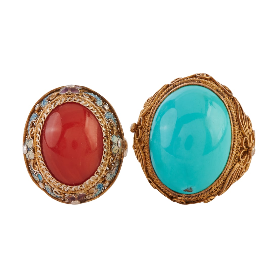 *Two Chinese Coral, Turquoise, Enamel, Silver-Gilt Filigree Rings (1 of 4)