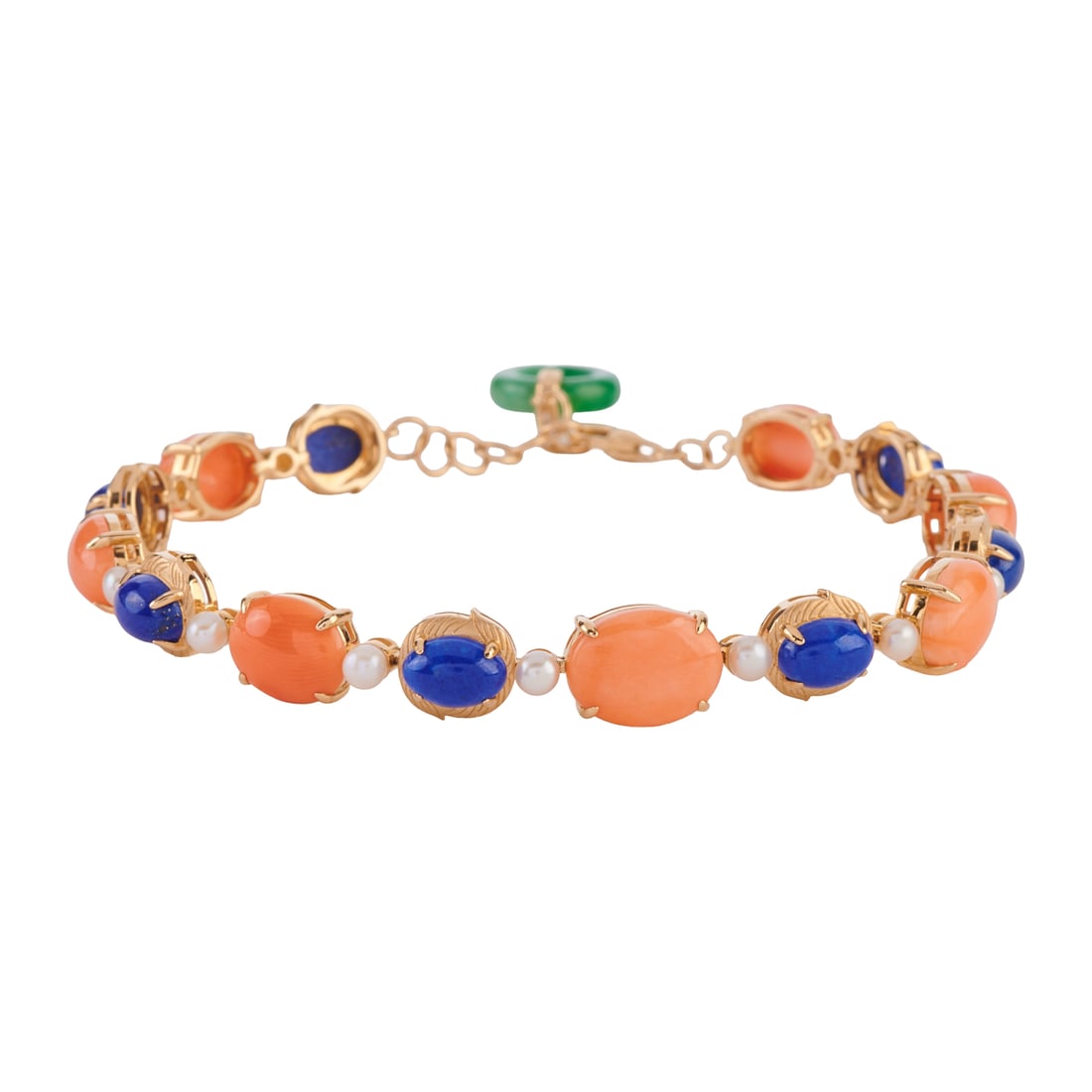 *Coral, Lapis Lazuli, Cultured Pearl, Jadeite Jade, Diamond, 14k Yellow Gold Bracelet (1 of 5)