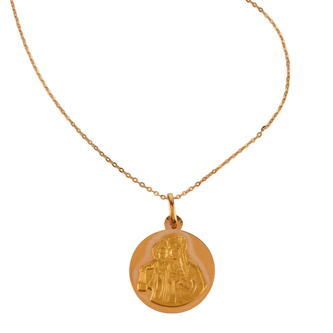 18k Yellow Gold Religious Pendant Necklace: 18k Yellow Gold Religious Pendant Necklace. The 18k yellow gold circle pendant depicting Mary and Jesus, suspended from an 18k yellow gold chain, forming a 20 inch pendant necklace. {Gross Weight: