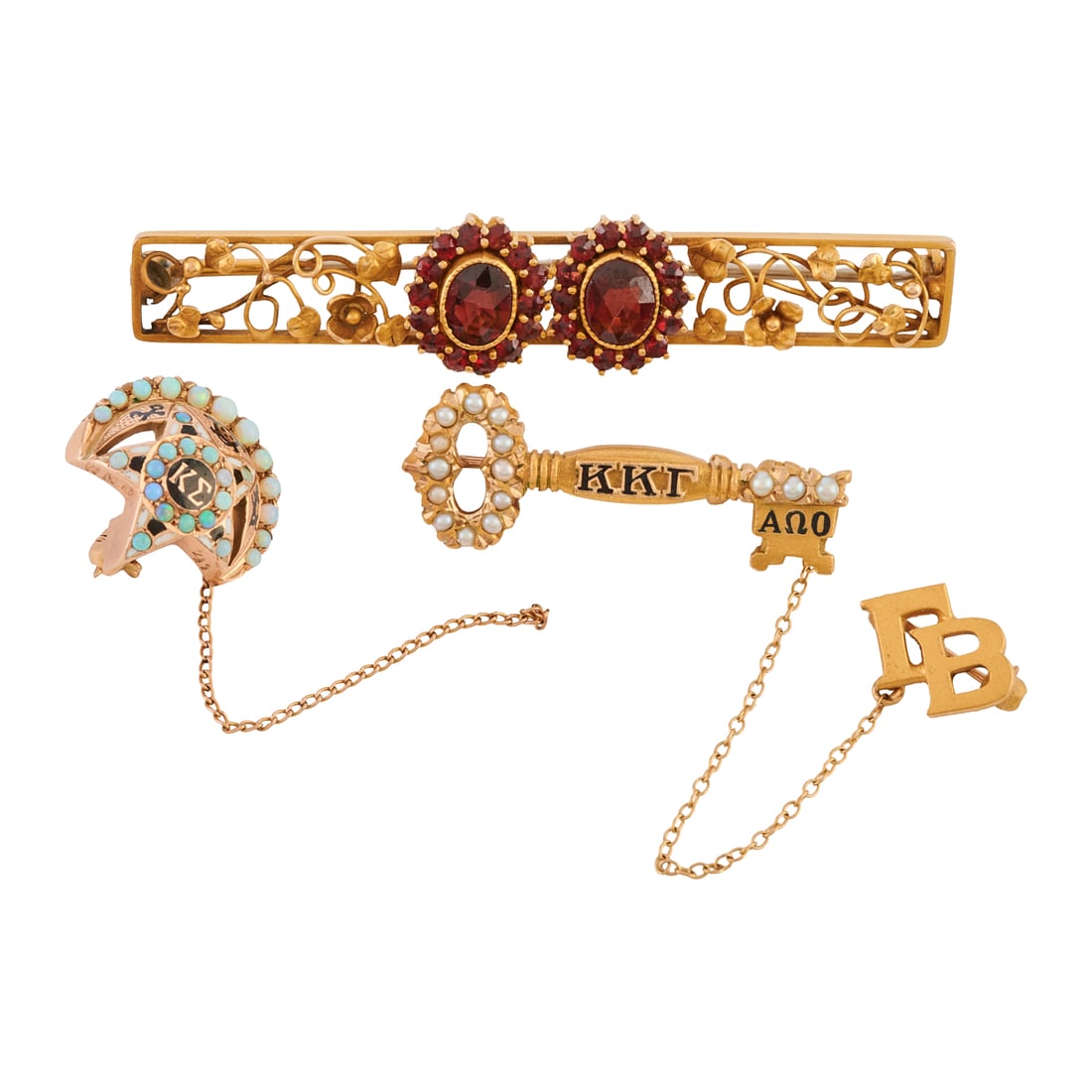 Collection of Three Garnet, Opal, Seed Pearl, Yellow Gold Pins (1 of 6)