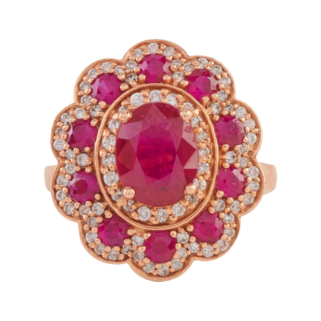 Ruby, Diamond, 14k Rose Gold Ring: Ruby, Diamond, 14k Rose Gold Ring. Centering one oval-cut ruby weighing approximately 2.15 cts., accented by ten round-cut rubies, further enhanced by full-cut diamonds weighing a total of approximate