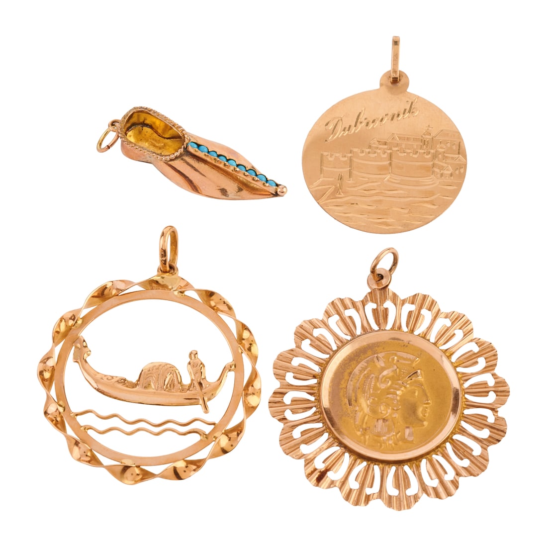 Collection of Four Turquoise, Rose Gold Charms: Collection of Four Turquoise, Rose Gold Charms. Including one 10k rose gold Greek motif circle charm measuring approximately 35 mm; one 14k rose gold man on boat circle charm measuring approximately