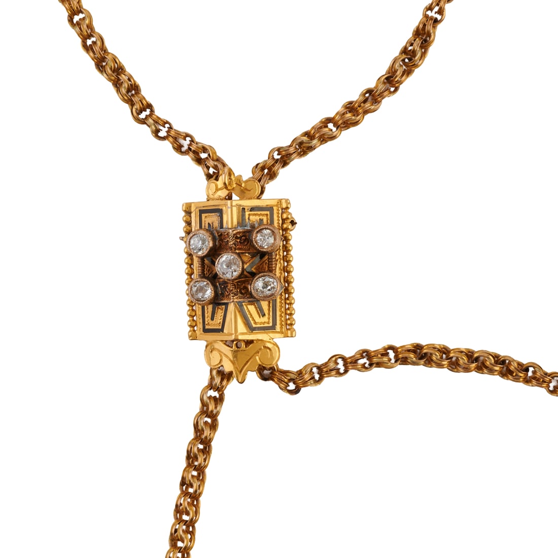 Victorian Diamond, Enamel, Yellow Gold, Gold-Filled Long Slide Chain: Victorian Diamond, Enamel, Yellow Gold, Gold-Filled Long Slide Chain. Featuring five old mine-cut diamonds weighing a total of approximately 0.55 cttw., accented by black enamel, set in a 14k yellow