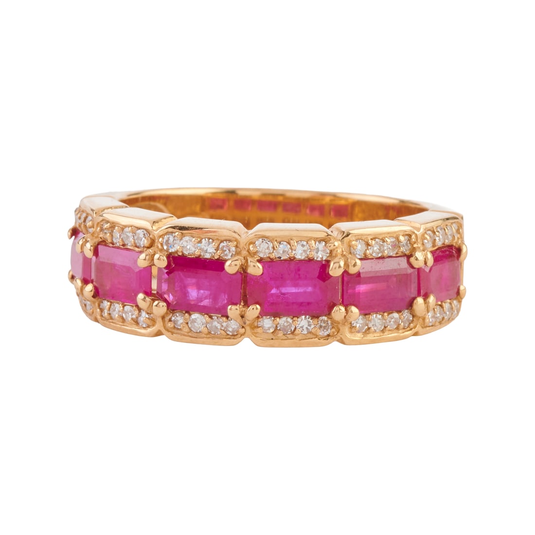 Ruby, Diamond, 14k Yellow Gold Band: Ruby, Diamond, 14k Yellow Gold Band. Featuring six emerald-cut rubies weighing a total of approximately 1.25 cttw., accented by forty-eight single-cut diamonds weighing a total of approximately 0.20