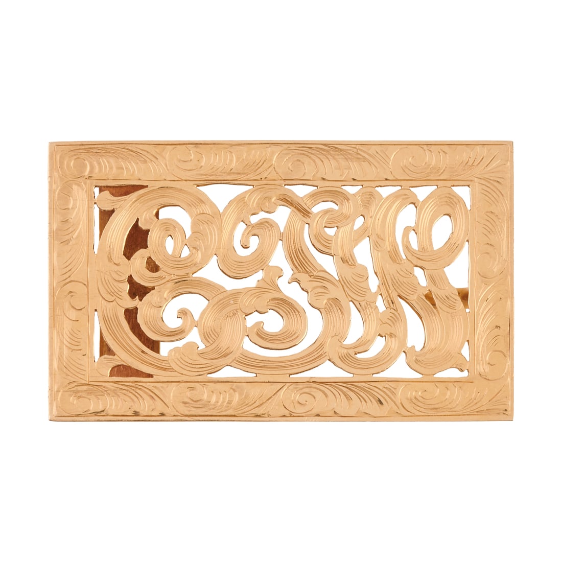 14k Yellow Gold Buckle: 14k Yellow Gold Buckle. The 14k yellow gold engraved rectangular buckle measuring approximately 31 x 51 mm, featuring stylized initials in the center. {Gross Weight: 9.9 dwts}
