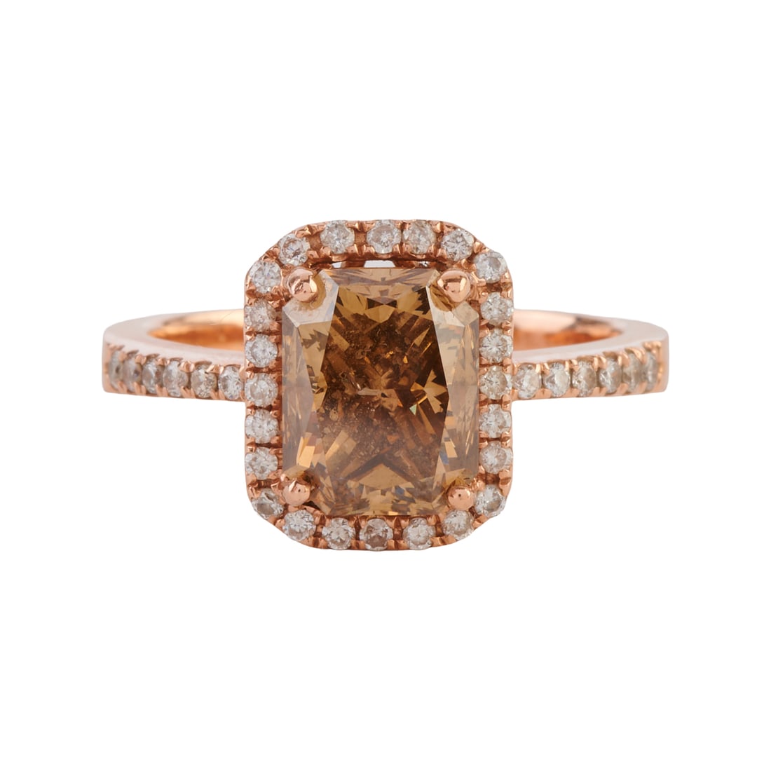 Brown Diamond, Diamond, 14k Rose Gold Ring: Brown Diamond, Diamond, 14k Rose Gold Ring. Featuring one radiant-cut brown diamond weighing approximately 3.03 cts., accented by thirty-six full-cut diamonds weighing a total of approximately 0.35 ct