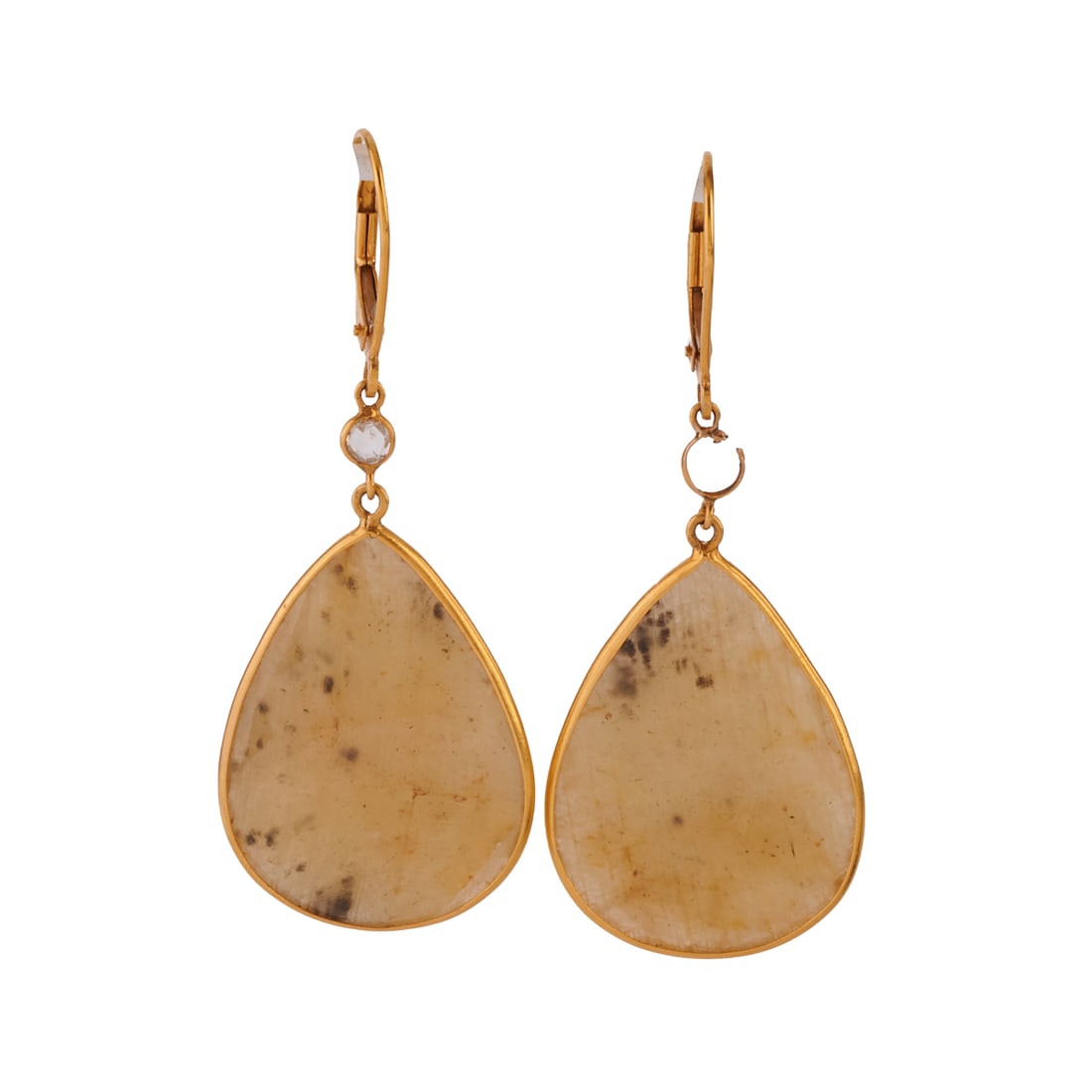 Pair of Yellow Sapphire, Diamond, 18k Yellow Gold Earrings: Pair of Yellow Sapphire, Diamond, 18k Yellow Gold Earrings. Each featuring one pear shaped, faceted-top yellow sapphire measuring approximately 26 x 19 mm, accented by one rose-cut diamond, set in an