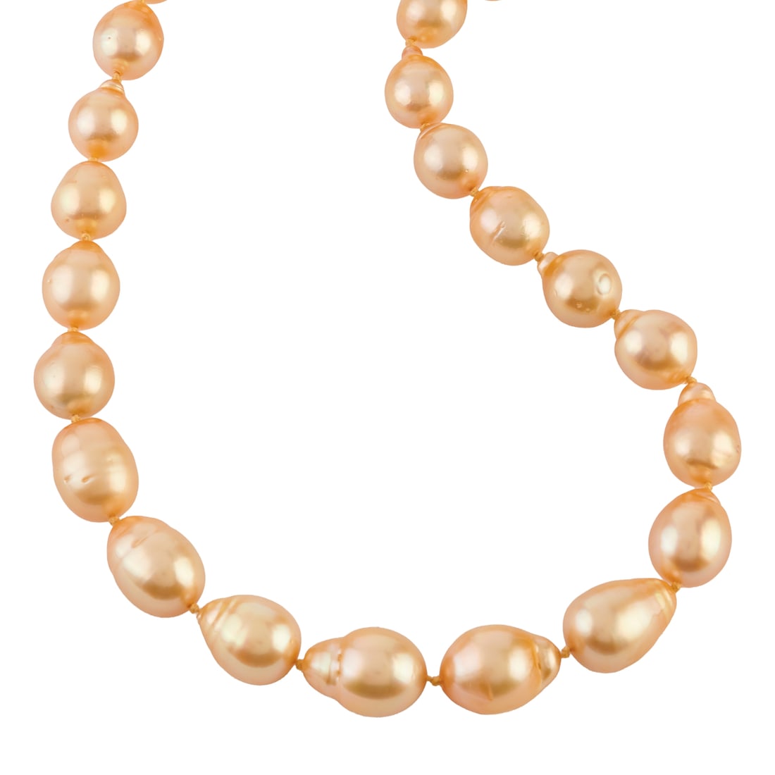 Gold Baroque Cultured Pearl, 14k Yellow Gold Necklace: Gold Baroque Cultured Pearl, 14k Yellow Gold Necklace. Comprised of thirty gold baroque cultured pearls ranging in size from approximately 12.6 mm to 8.9 mm, completed by a 14k yellow gold ball form c