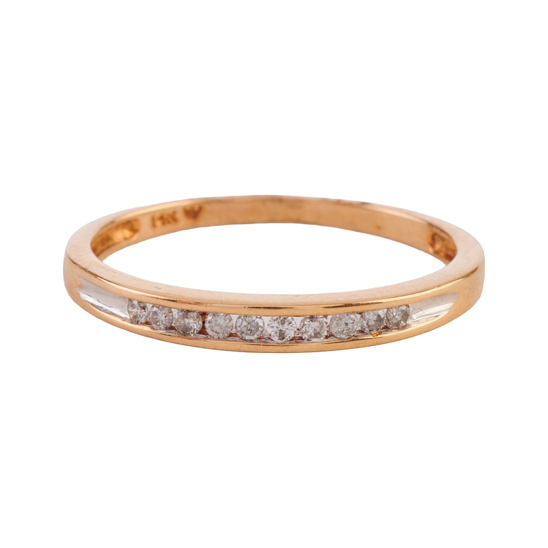 Diamond, 14k Yellow Gold Band: Diamond, 14k Yellow Gold Band. Featuring ten full-cut diamonds weighing a total of approximately 0.05 cttw., set in a 14k yellow gold mounting. {Size: 7, Gross Weight: 1.0 dwts}