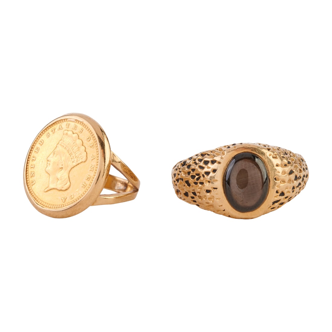 Two Gold Coin, Black Star Sapphire, Yellow Gold Rings (1 of 6)