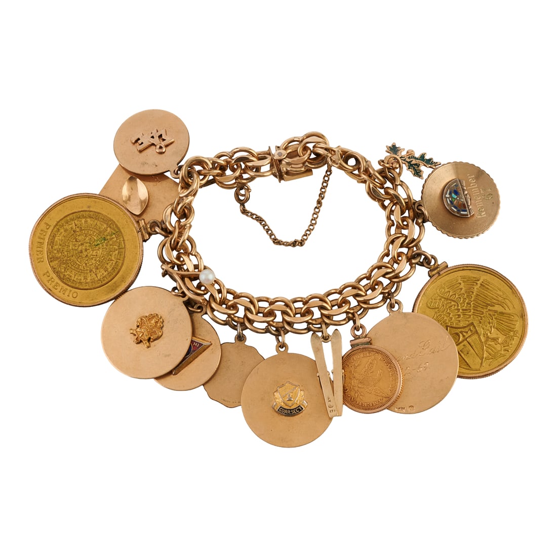 Enamel, Yellow Gold, Gold-Filled Charm Bracelet: Enamel, Yellow Gold, Gold-Filled Charm Bracelet. The gold-filled open double link measuring approximately 11 mm in width, completed by a tongue and groove clasp with safety chain, forming a 7 inch bra