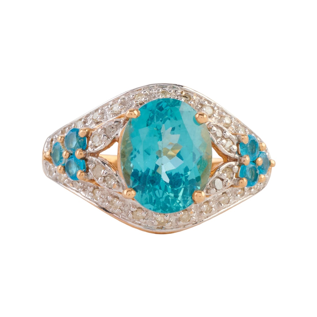 Apatite, Diamond, 14k Yellow Gold Ring: Apatite, Diamond, 14k Yellow Gold Ring. Featuring one oval-cut apatite weighing approximately 2.95 cts., accented by six round-cut apatites, further enhanced by thirty-four single-cut diamonds weighin
