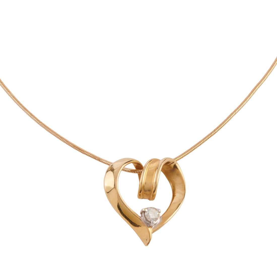 Diamond, 14k Yellow Gold Heart Pendant Necklace: Diamond, 14k Yellow Gold Heart Pendant Necklace. Featuring one full-cut diamond weighing approximately 0.13 ct., set in a 14k yellow gold open heart mounting measuring approximately 21 x 19 mm, suspen