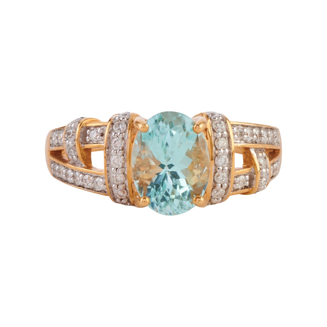 Aquamarine, Diamond, 18k Yellow Gold Ring: Aquamarine, Diamond, 18k Yellow Gold Ring. Featuring one oval-cut aquamarine weighing approximately 1.70 ct., accented by thirty-eight full-cut diamonds weighing a total of approximately 0.15 cttw., s