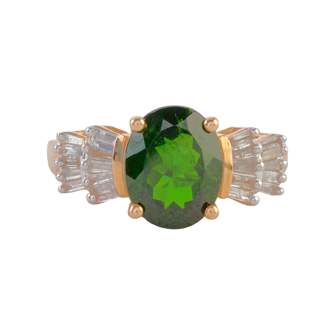 Diopside, Diamond, 14k Yellow Gold Ring: Diopside, Diamond, 14k Yellow Gold Ring. Featuring one oval-cut diopside weighing approximately 2.45 cts., accented by twenty tapered baguette-cut diamonds weighing a total of approximately 0.50 cttw.