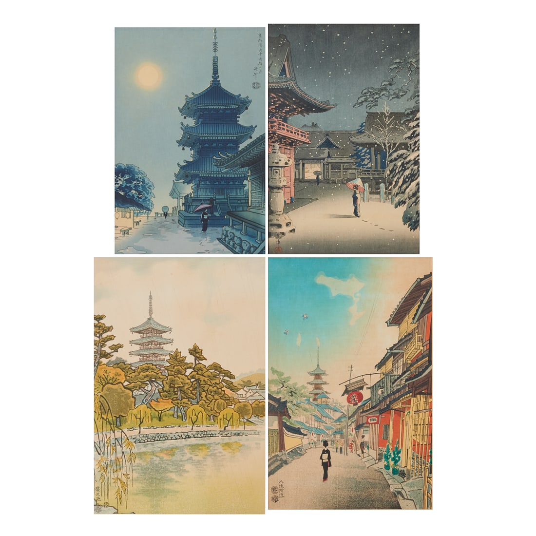 Four Japanese Woodblock Prints: Four Japanese Woodblock Prints.Color woodblock prints on paper, including works by Benji Asada (temple scene), Tsuchiya Koitsu (shrine in snow), Eiichi Kotozuka (street scene in Kyoto), and Ito Nisabu