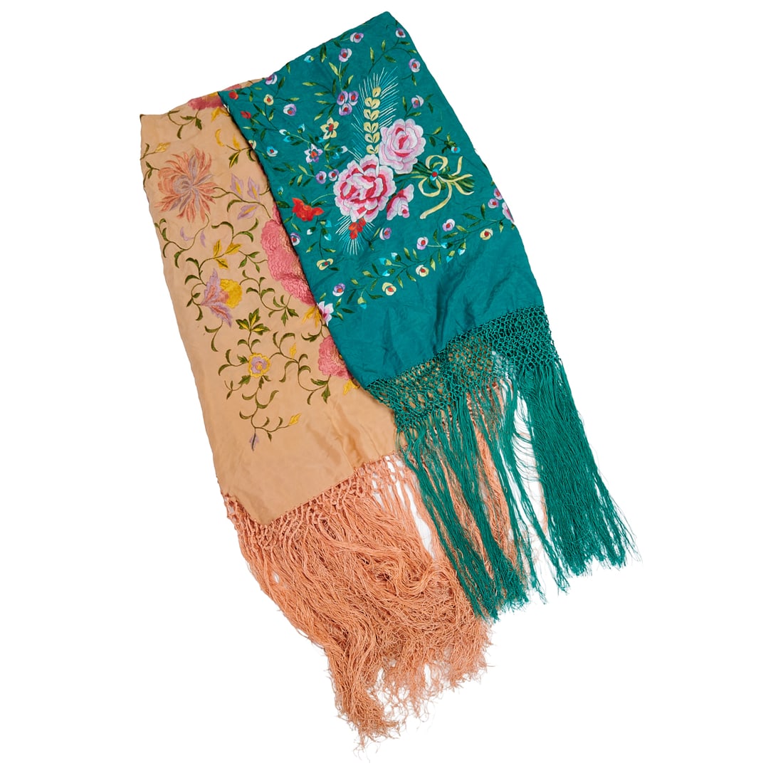 Two Chinese Embroidered Silk Shawls: Two Chinese Embroidered Silk Shawls.Each worked in silk embroidery, one on a green ground and the other on a light brown ground, both decorated with dense arrangements of peonies and scrolling floral