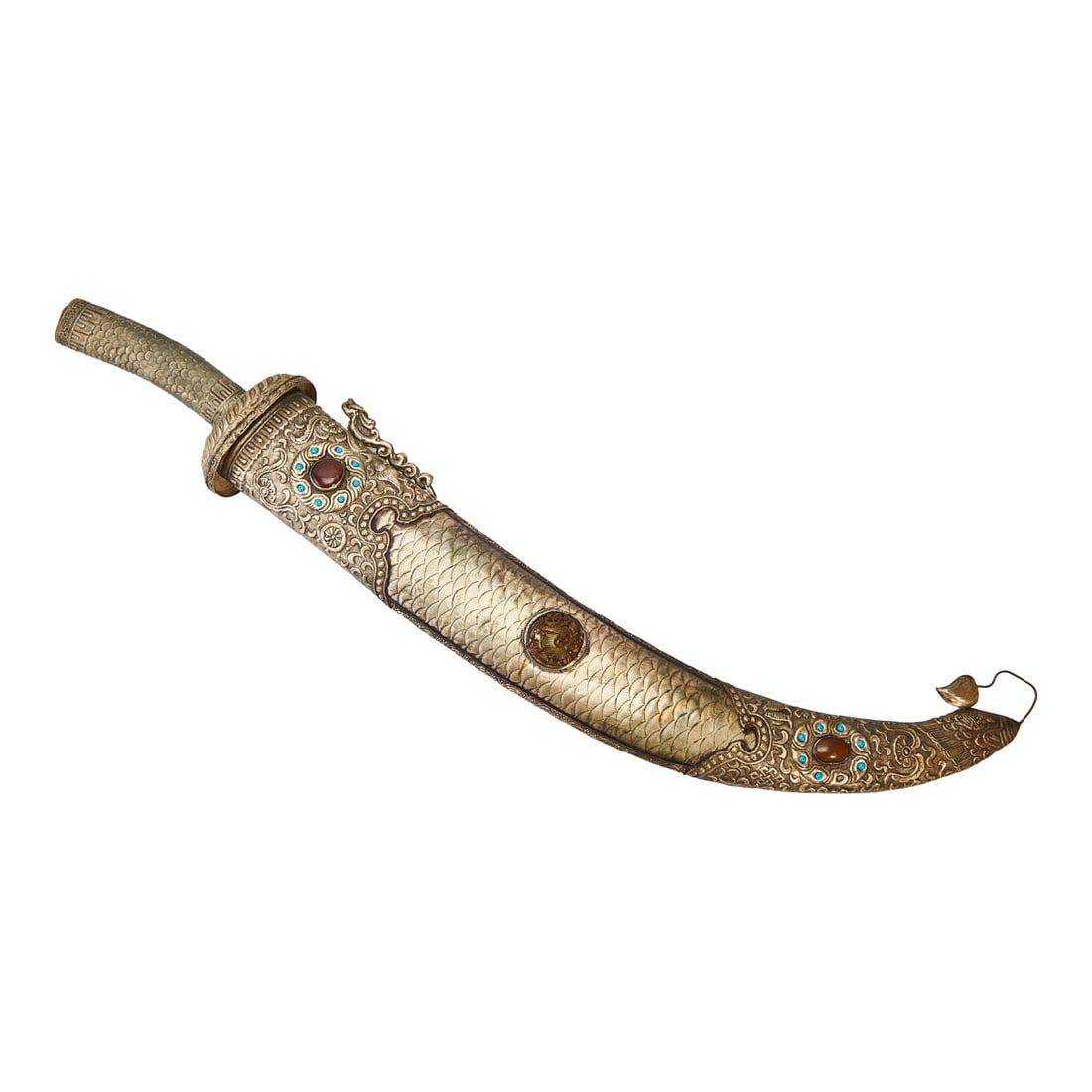 A Tibetan Silver and Stone Inlaid Sword: Tibetan Silver and Stone-Inlaid SwordThe sword with a gently curved blade housed in an elaborately worked silver-mounted scabbard, the surface richly decorated with repoussé scrolling motifs an