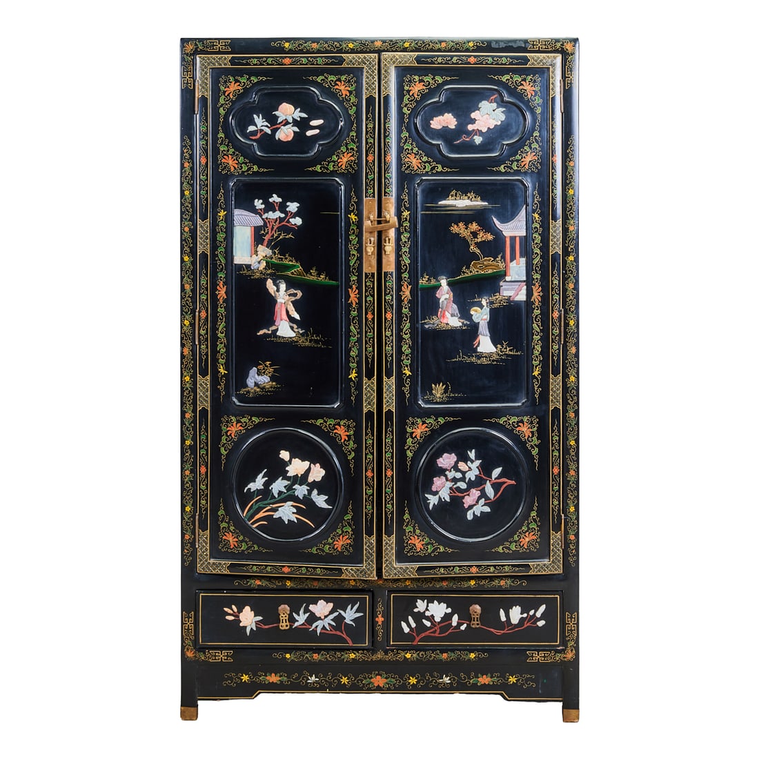Chinese Black Lacquer and Hardstone-Inlaid Tall Cabinet (1 of 6)