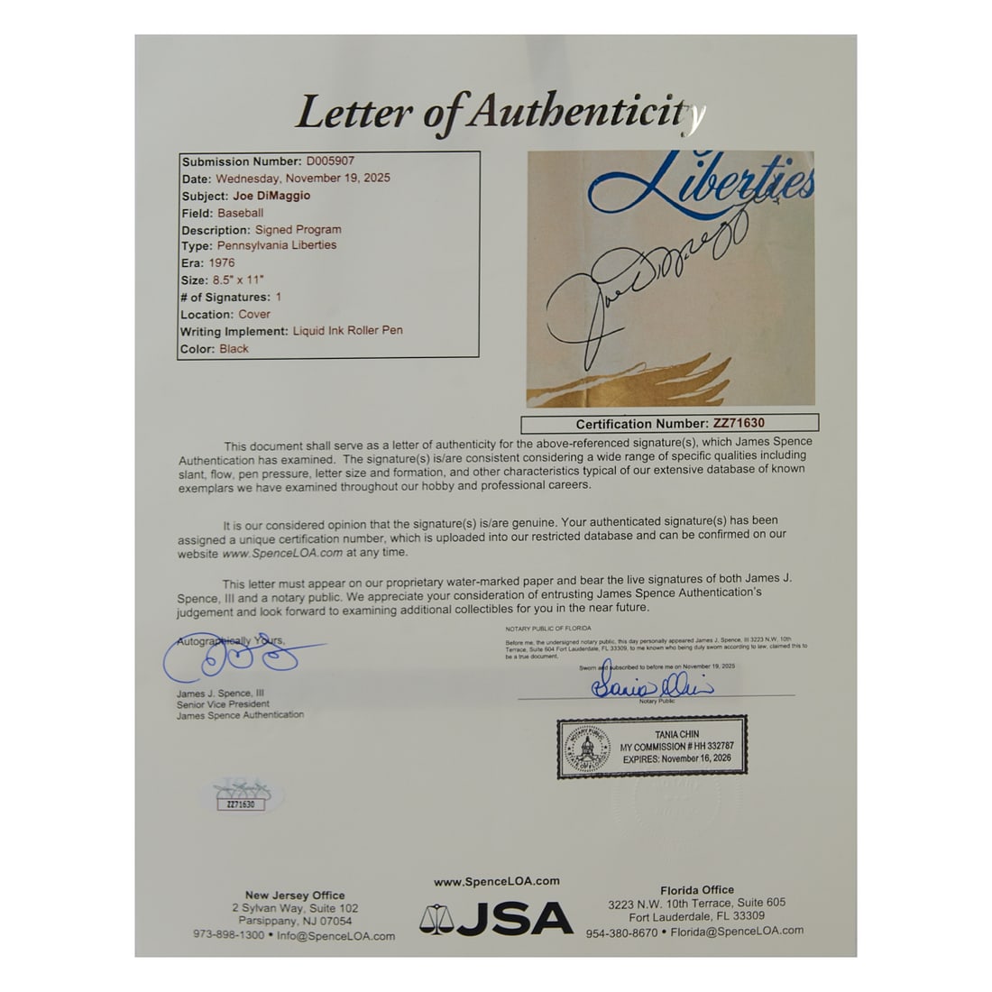 Joe DiMaggio Pennsylvania Liberties Signed Program - 4