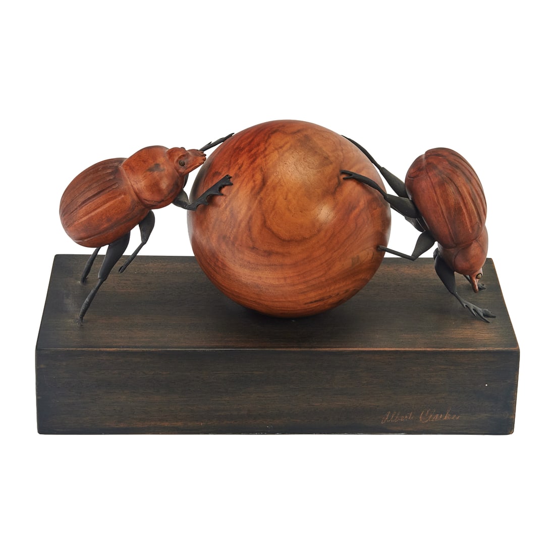 Albert Clarke Dung Beetle Sculpture: Albert Clarke Dung Beetle Sculpture.on black rectangular stand.. Side of base incised in script with "Albert Clarke".. {Approximate dimensions with base:. 8 3/4" high x 14 1/4" wide x 6 1/2" deep.}.