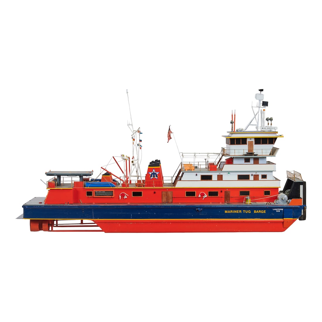 Model Mariner Tug and Barge, Miss Doris II: Model Mariner Tug and Barge, Miss Doris II, out of New Orleans, realistically rendered large scale model, on wheels.. {Approximate dimensions: 32" H. x 65" W. x 17 3/4" D. Heigh includes wheels.}.