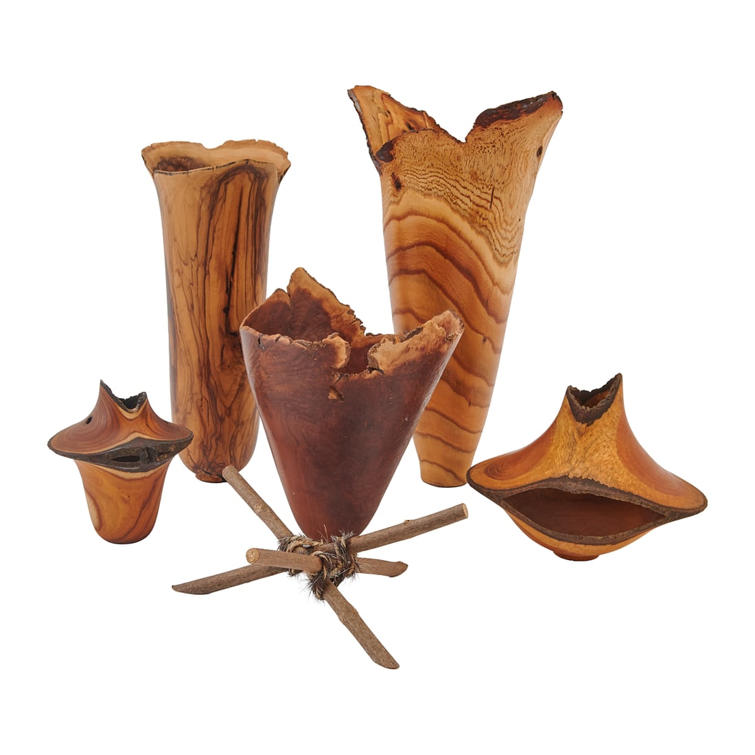 Dennis Stewart Collection of Carved Live Edge Vessels and a Stand: Dennis Stewart.Collection of Carved Live Edge Vessels and a Stand,.the vessels of common and unusual woods, together with a stand made of twine and twigs. Incised signature to base underside of each,