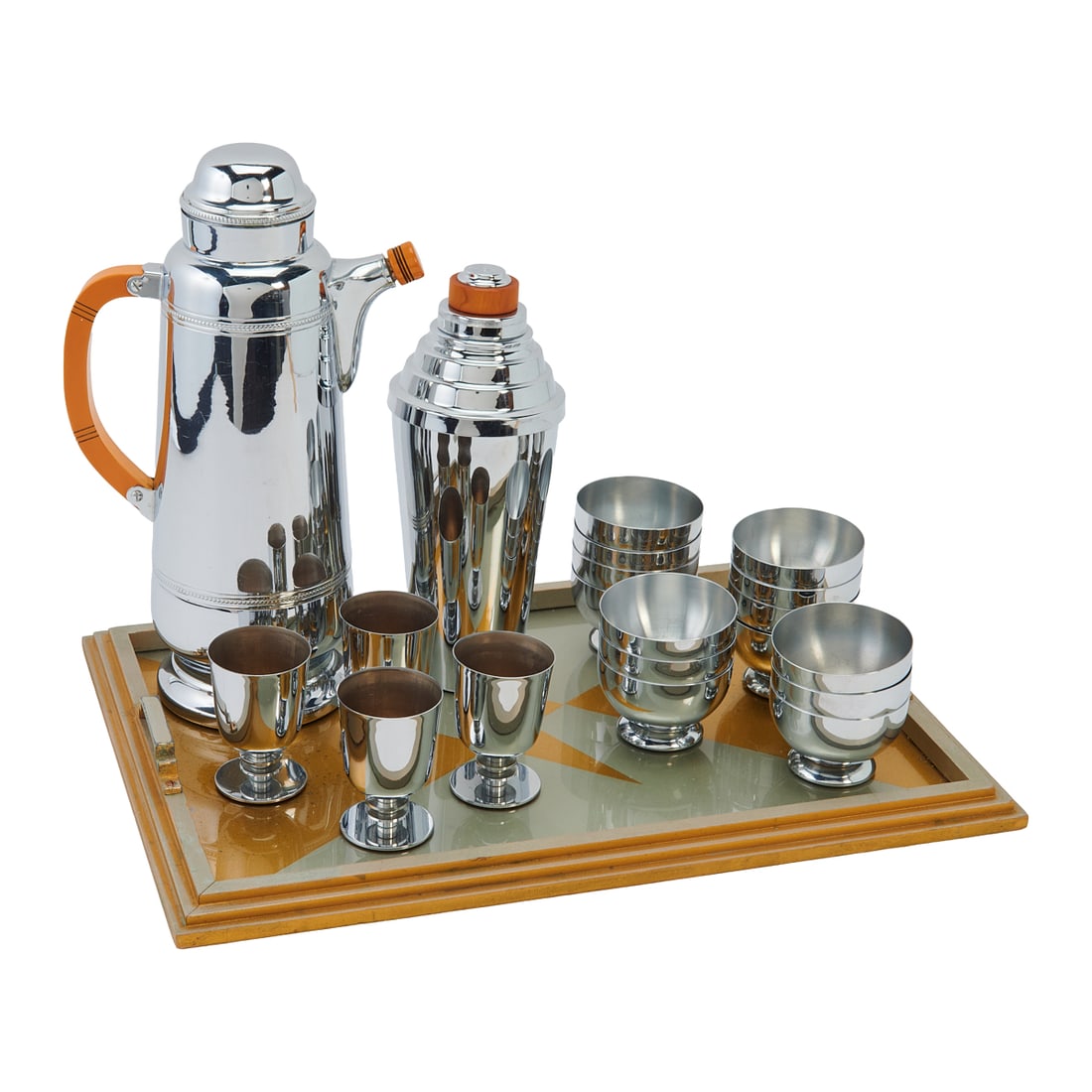 Art Moderne Assembled Cocktail Set: Art Moderne Assembled Cocktail Set.. Comprising elongated pitcher with rounded, stepped cover and round, stepped pedestal base, narrow beaded decorative bands, and brown bakelite handle and spout cap 