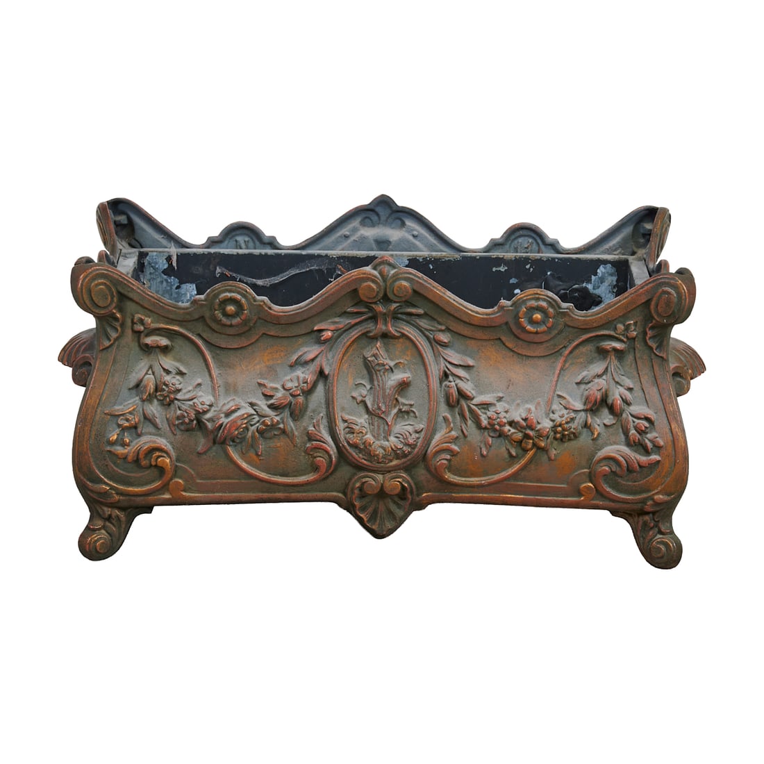 Louis XV Style Cast Iron Planter: Louis XV Style Cast Iron Planter, scalloped rim, with garlands of flowers in swags, and scrolls, with floral specimens in ovals. Late 20th Century. {Approximate dimensions:. 13" high x 29" wide x 13 1