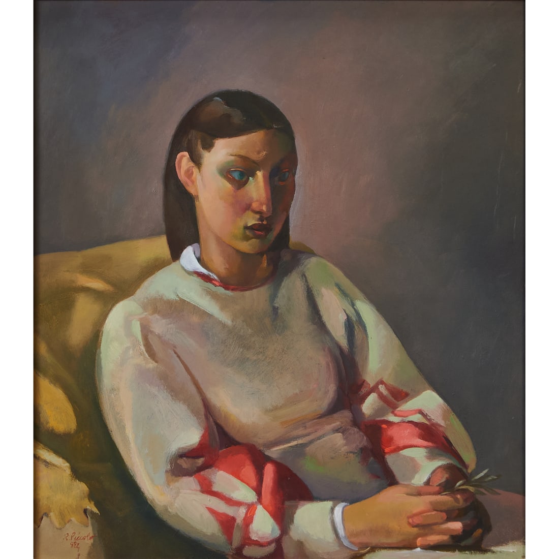 Richard Piccolo, Neapolitan Woman, Oil on Panel: Richard Piccolo (American, born 1943), "Neapolitan Woman,".1982, oil on panel, [approximate dimensions - panel: 17 1/4" H x 15" W], signed and dated lower left; annotated "R Piccolo Roma 1982" and gal