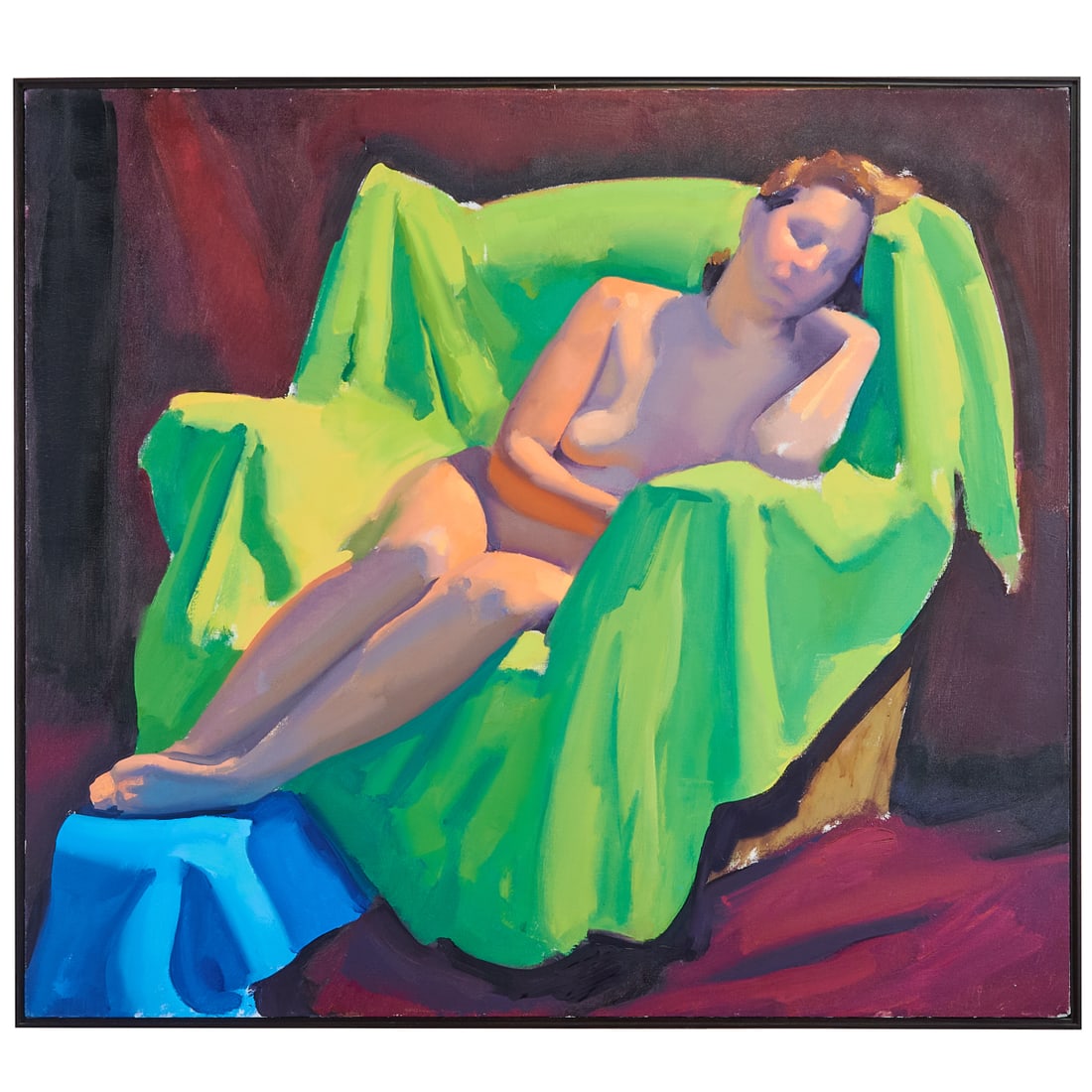 Richard Savini, Diagonal Figure, Green Chair, Oil on Canvas: Richard Savini (American, 20th/21st Century),."Diagonal Figure, Green Chair,".oil on canvas; [approximate dimensions - canvas: 48" H x 54" W],.signed to verso 'R Savini '87'; Contemporary Realist Gall