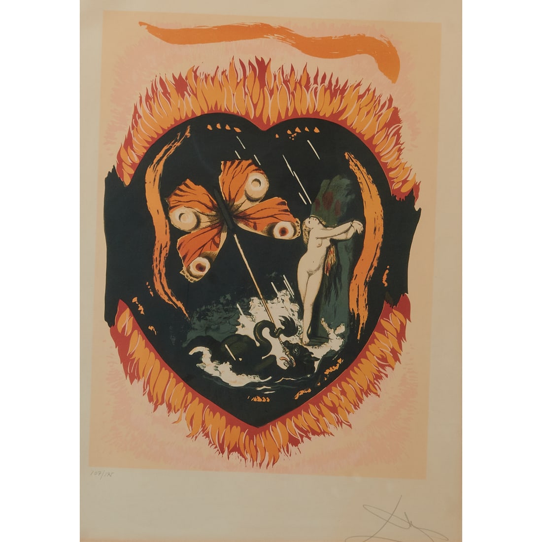 Salvador Dali, Triumph of Love, Lithograph: Salvador Dali (Spanish, 1904-1989), "Le Triomphe" (Triumph of Love [3 of Swords]), colored lithograph on Arches, [approximate dimensions - sight: 23" H x 16 7/8" W, sheet: 29 3/8" H x 21 3/8" W], numb