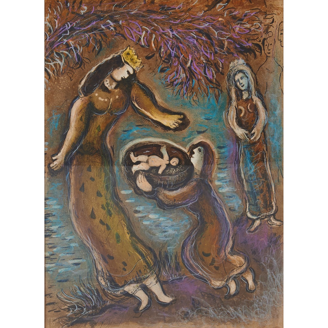 Marc Chagall, Pharaoh's Daughter, Color Lithograph: Marc Chagall (Russian,1887-1985), "Pharaoh's Daughter" from "The Story of Exodus", color lithograph; [approximate dimensions - sight: 18 3/8" H x 13 3/8" W]; unsigned; watermark lower left; generally 