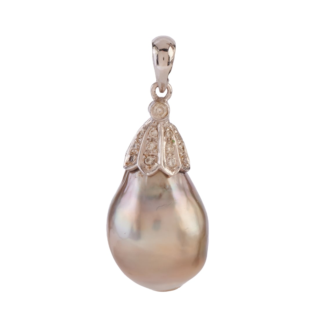 Baroque Cultured Pearl, Diamond, 18k White Gold Pendant: Baroque Cultured Pearl, Diamond, 18k White Gold Pendant. Featuring one gray baroque cultured pearl measuring approximately 13.8 mm, accented by thirteen full-cut diamonds weighing a total of approxima