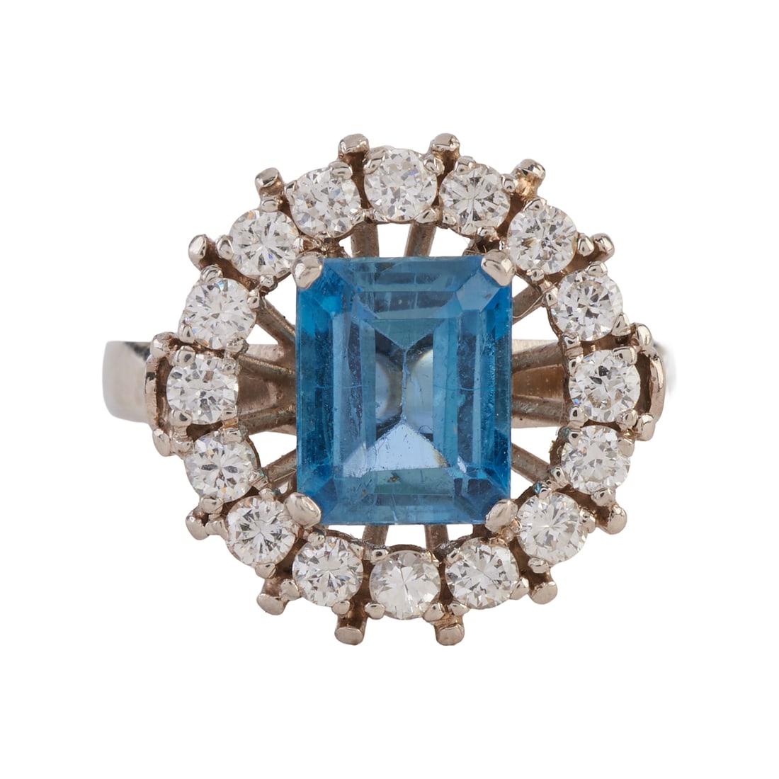 Aquamarine, Diamond, Platinum Ring: Aquamarine, Diamond, Platinum Ring. Featuring one emerald-cut aquamarine weighing approximately 1.50 ct., surrounded by sixteen full-cut diamonds weighing a total of approximately 0.50 cttw., set in a