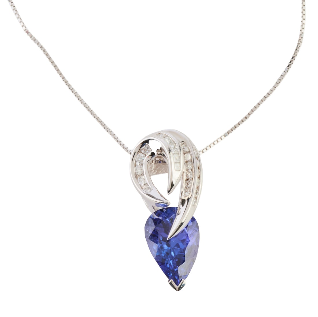 Tanzanite, Diamond, 14k White Gold Pendant Necklace: Tanzanite, Diamond, 14k White Gold Pendant Necklace. Featuring one pear-cut tanzanite weighing approximately 4.48 cts., accented by princess-cut and full-cut diamonds weighing a total of