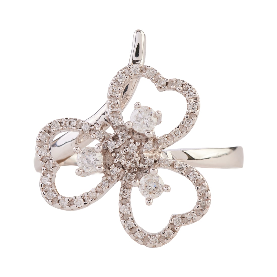 Diamond, 14k White Gold Clover Ring: Diamond, 14k White Gold Clover Ring. Featuring fifty-one full-cut diamonds weighing a total of approximately 0.25 cttw., set in a 14k white gold mounting designed as a clover. {Size: 7, Gross Weight: