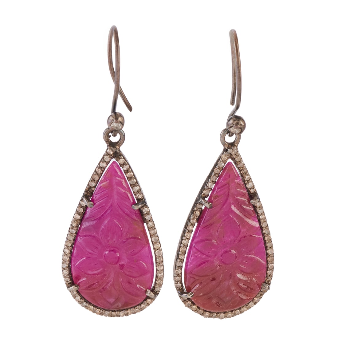 Pair of Ruby, Diamond, Oxidized Silver Earrings: Pair of Ruby, Diamond, Oxidized Silver Earrings. Each featuring one carved pear shaped ruby tablet, surrounded by round-cut diamonds, set in an oxidized silver mounting measuring approximately 44 mm