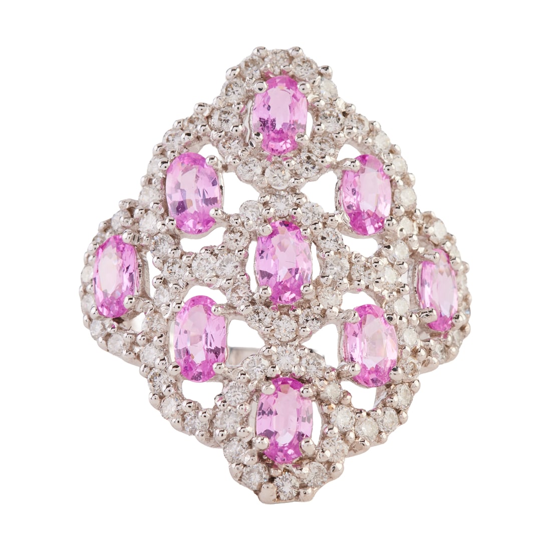 Pink Sapphire, Diamond, 14k White Gold Ring: Pink Sapphire, Diamond, 14k White Gold Ring. Featuring nine oval-cut pink sapphires weighing a total of approximately 1.85 cttw., accented by full-cut diamonds weighing a total of approximately 2.00