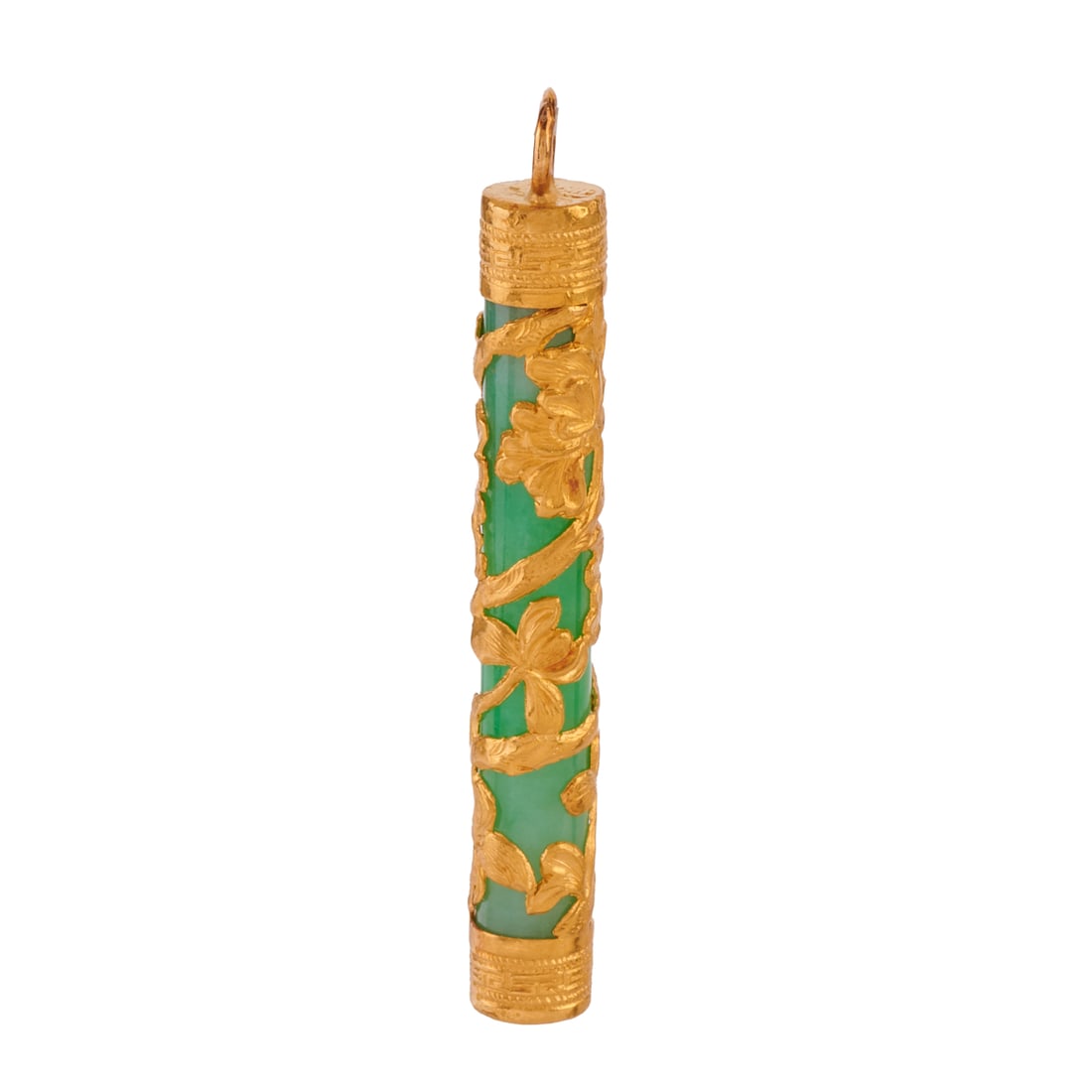 Jade, 24k Yellow Gold Cylinder Pendant: Jade, 24k Yellow Gold Cylinder Pendant. Featuring one jade cylinder, incased in a 24k yellow gold floral motif mounting and measuring approximately 51 x 7 mm. {Gross Weight: 5.0 dwts}