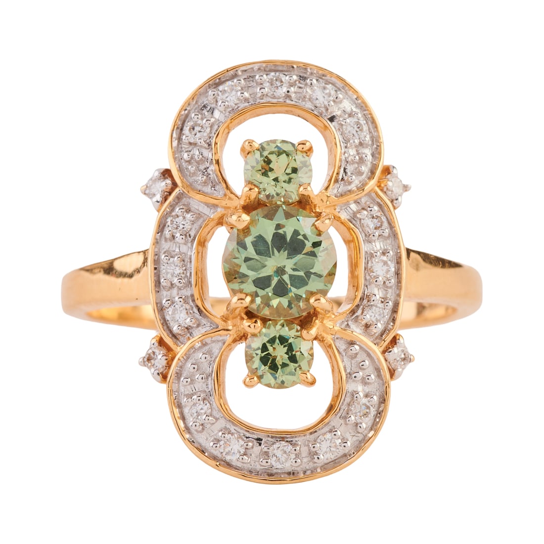 Green Garnet, Diamond, 18k Yellow Gold Ring: Green Garnet, Diamond, 18k Yellow Gold Ring. Centering three round-cut green garnets, accented by twenty full-cut diamonds weighing a total of approximately 0.10 cttw., set in an 18k yellow gold mount