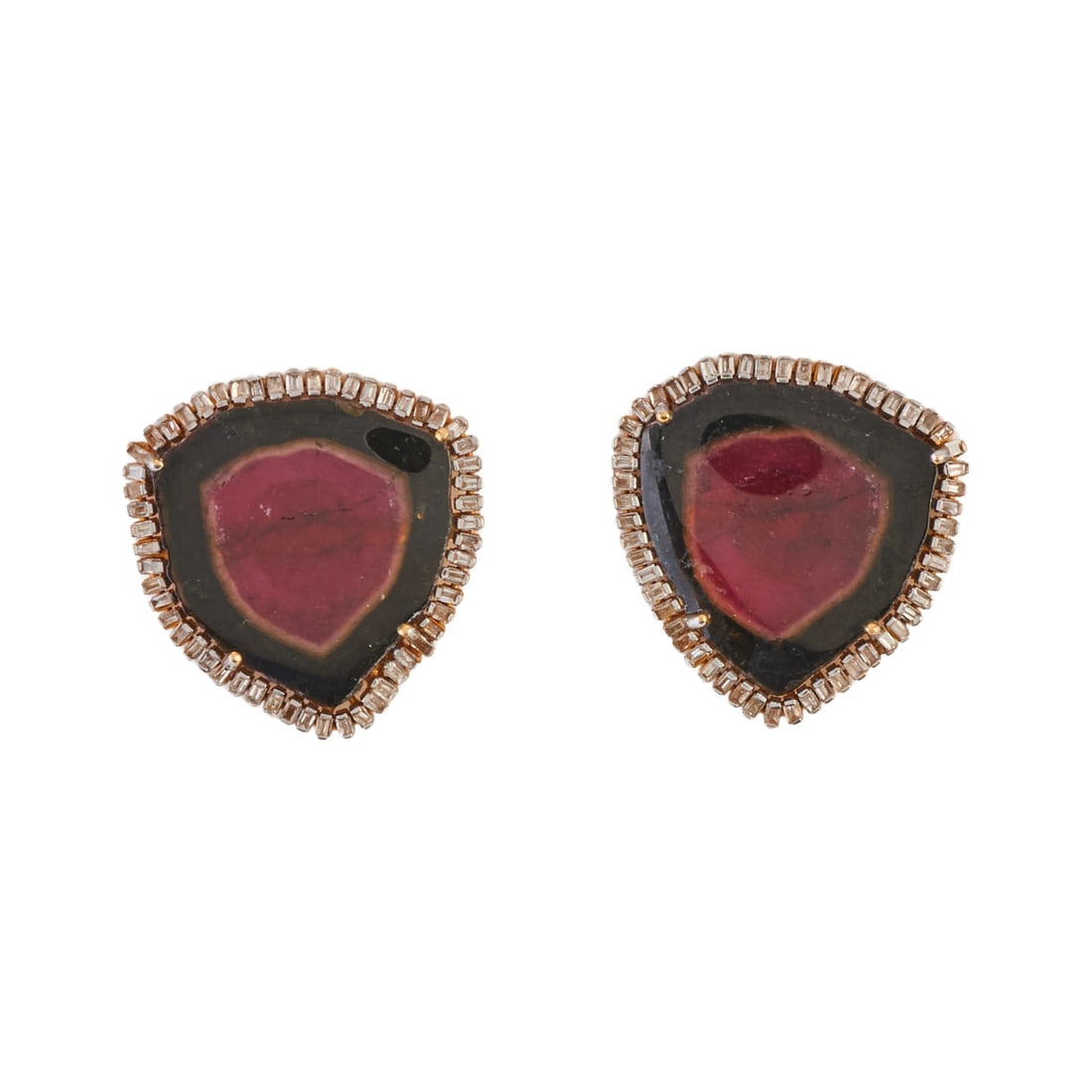 Pair of Watermelon Tourmaline, Diamond, 14k Yellow Gold Earrings: Pair of Watermelon Tourmaline, Diamond, 14k Yellow Gold Earrings. Each featuring one triangular shaped watermelon tourmaline slice, surrounded by tapered baguette-cut diamonds, set in a 14k yellow gol