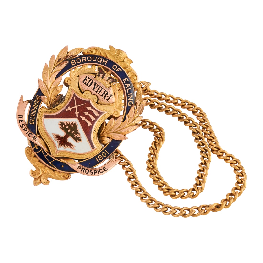 Enamel, 9k Yellow Gold "Borough of Ealing" Mayor's Medal on Gold-Filled Chain: Enamel, 9k Yellow Gold "Borough of Ealing" Mayor's Medal on Gold-Filled Chain. Featuring blue, red and white enamel, set in a 9k yellow and rose gold pendant brooch mounting measuring approximately 54