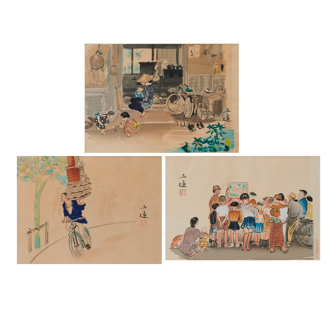 Wada Sanzo, Three Woodblock Prints: Wada Sanzo (Japanese, 1883-1968) three colored genre scene woodblock prints, mid-20th century, each stamped, depicting everyday domestic and street scenes in Japan. {Image size: 10 x 15 inches, frame 