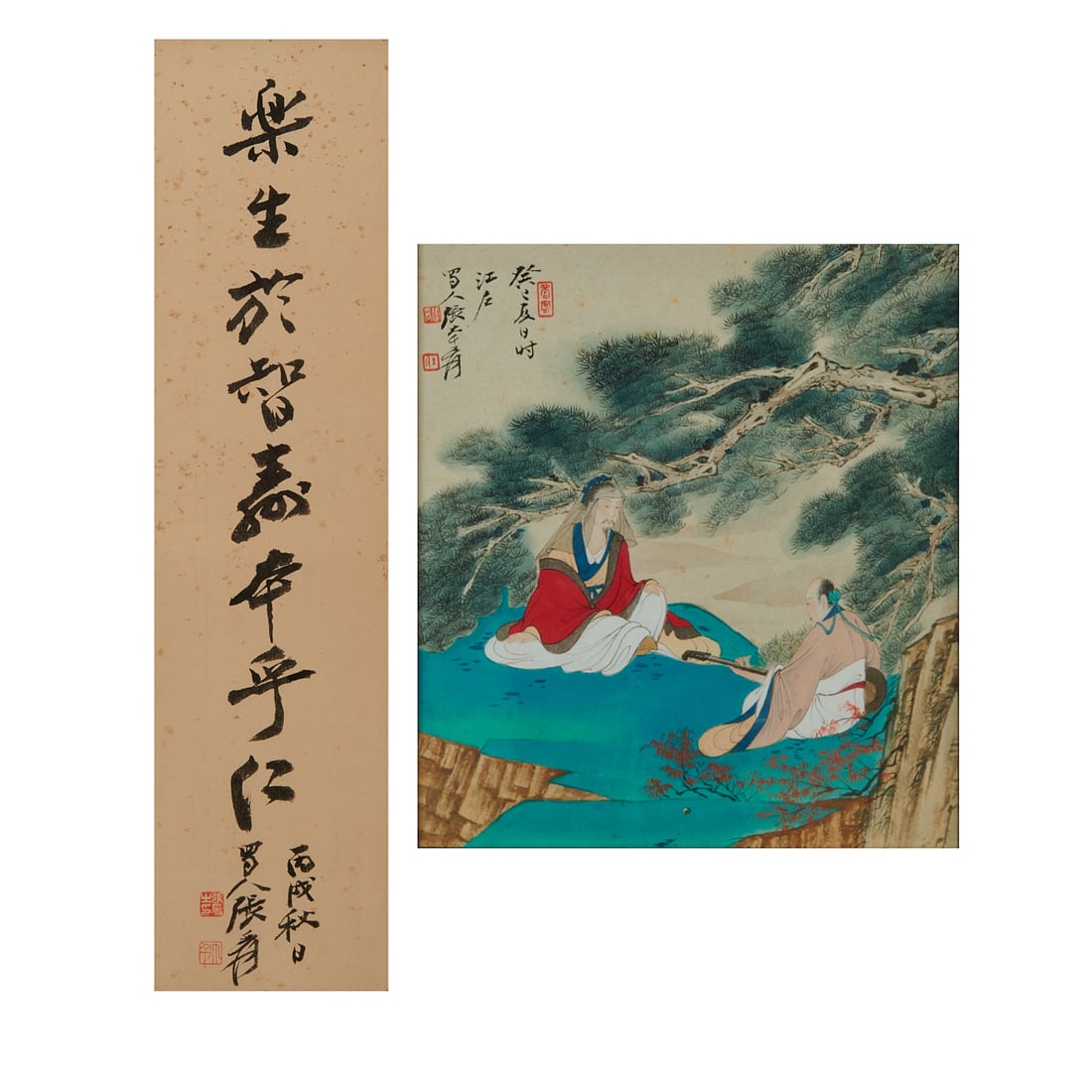 Attrib. to Zhang Daqian Painting and Calligraphy: Two Zhang Daqian, Painting and Calligraphy...{Painting: Sight: 10 1/2.x 9 1/4.inches, frame size: 13 1/2.x 12 3/8 inches}..{Calligraphy: Sight: 21 1/2. x 5 1/2 inches, frame size: 22 x 6 3/4 inches}.