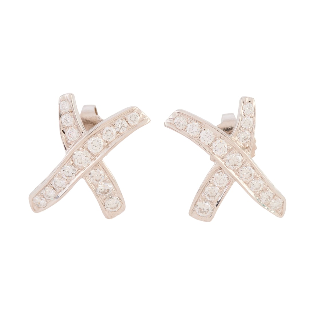 Pair of Tiffany & Co. Paloma Picasso Diamond, Platinum "X" Earrings: Pair of Tiffany & Co. Paloma Picasso Diamond, Platinum "X" Earrings. Each featuring fifteen full-cut diamonds weighing a total of approximately 0.50 cttw., set in a platinum "X" motif mounting mea