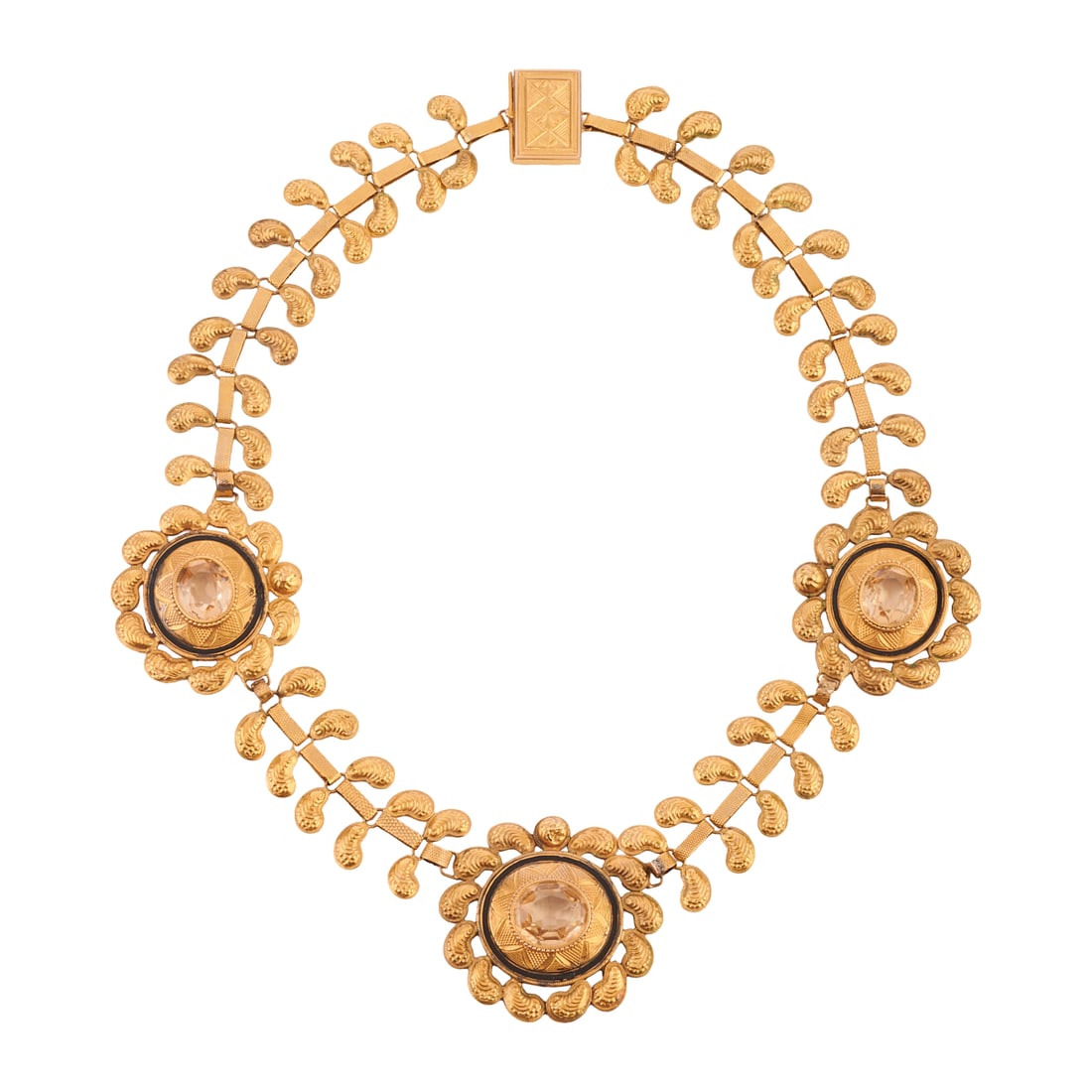 Victorian Glass, Enamel, 18k Yellow Gold Necklace: Victorian Glass, Enamel, 18k Yellow Gold Necklace. Featuring three oval-cut pale peach glass, surrounded by black enamel, set in an 18k yellow gold fringe style mounting, completed by a tongue and gro