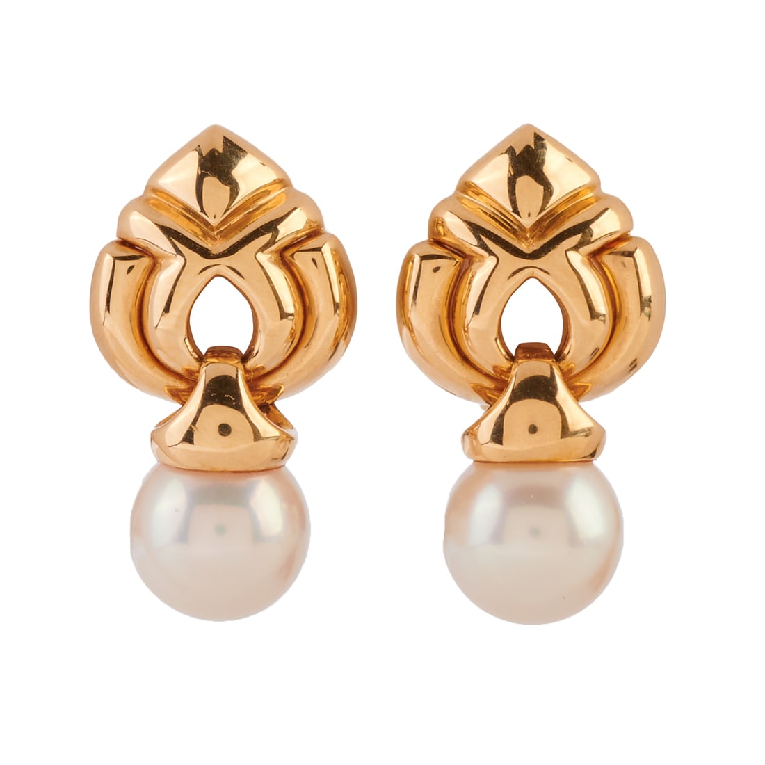 Pair of Bulgari Cultured Pearl, 18k Yellow Gold Earrings: Pair of Bulgari Cultured Pearl, 18k Yellow Gold Earrings. Each featuring one round cultured pearl measuring approximately 8.8 mm, set in an 18k yellow gold mounting measuring approximately 23 x 13 mm.