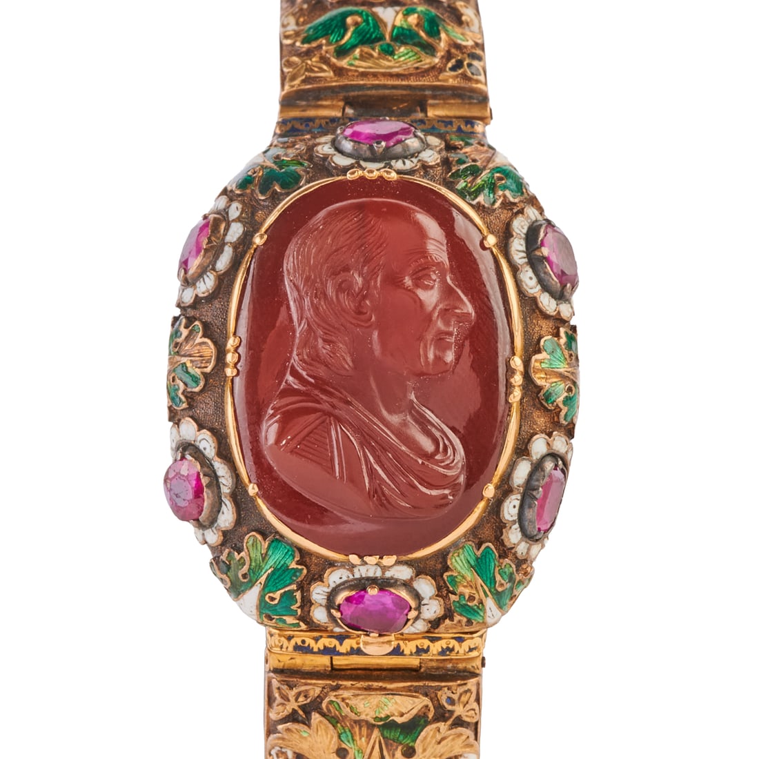 Victorian Carnelian Cameo, Ruby, Enamel, 14k Yellow Gold Bracelet (1 of 5)